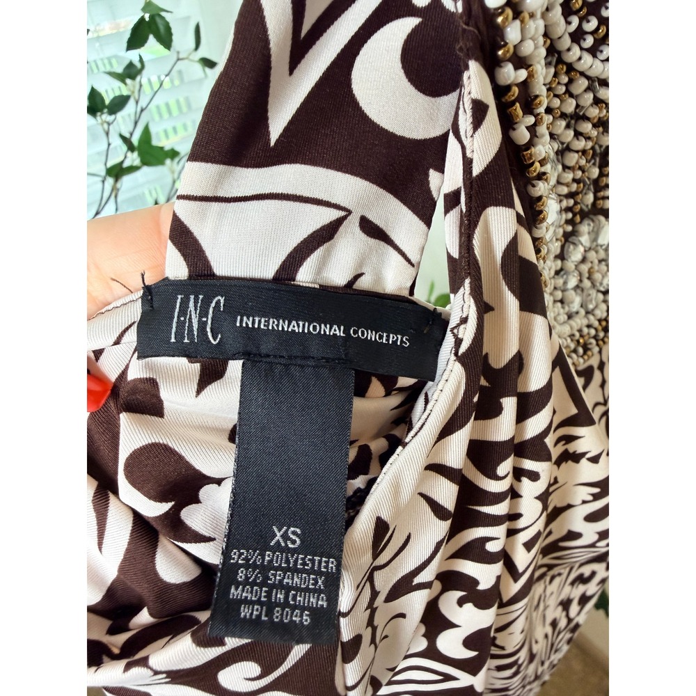 INC International Concepts Beaded Damask Racerback Sheath Dress Brown Cream XS - Picture 4 of 5